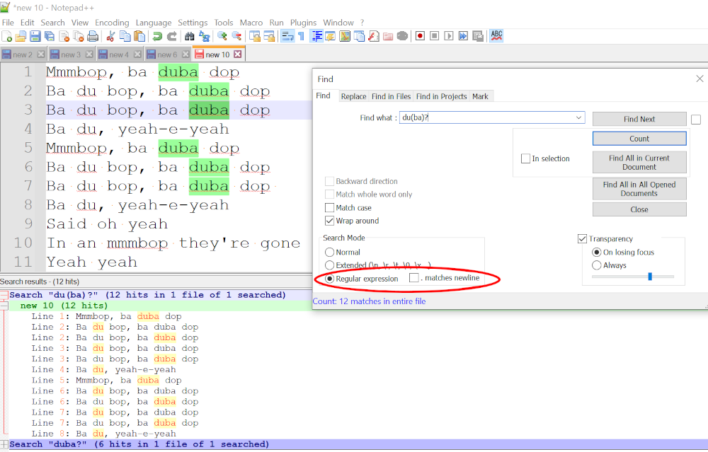 Regular expression searching on Notepad++